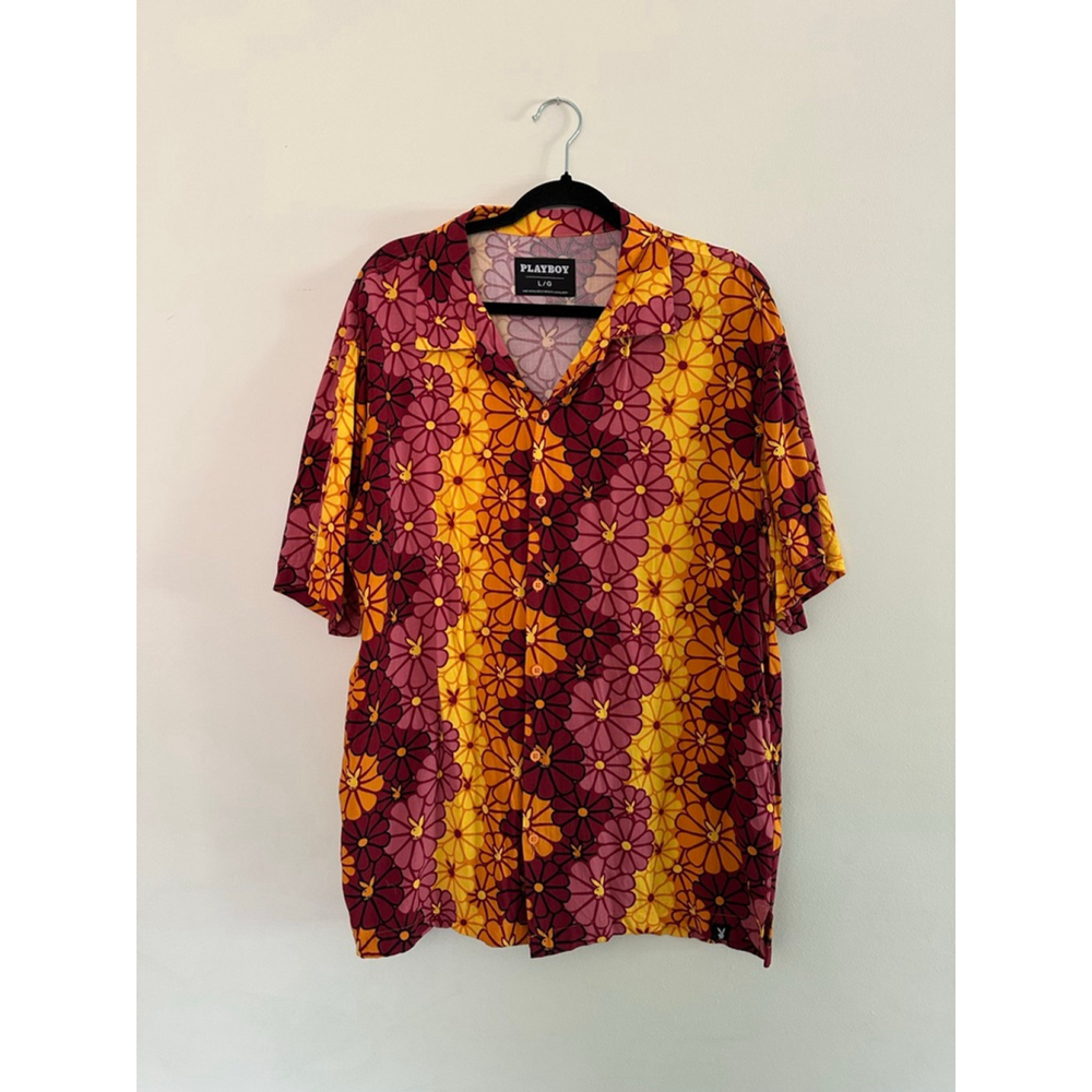 Men's Playboy Yellow Burgundy Floral Casual Button Down Shirt L